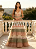 V Neck Layered Brown Green Tulle A Line Prom Dress