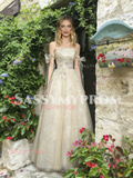 Champagne Tulle Off The Shoulder Tie Straps A Line Prom Dress