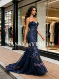 Navy Blue Trumpet Mermaid Lace Sweetheart Prom Dress