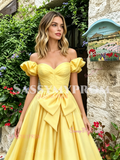 Yellow Off The Shoulder Satin Ruffles A Line Prom Dress