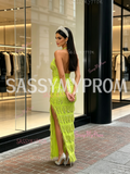 Strapless Tassel Green Halter Prom Dress With Slit