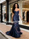 Navy Blue Trumpet Mermaid Lace Sweetheart Prom Dress