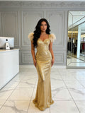 V Neck Trumpet Mermaid Gold Sequin Feather Prom Dress