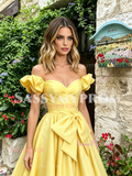 Yellow Off The Shoulder Satin Ruffles A Line Prom Dress