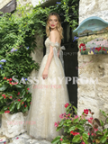 Champagne Tulle Off The Shoulder Tie Straps A Line Prom Dress