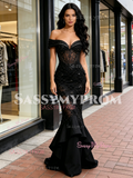 Off The Shoulder Black Beading Ruffles Mermaid Prom Dress