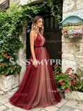 Halter Burgundy A Line Tulle Backless Prom Dress
