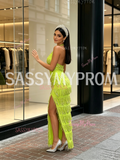 Strapless Tassel Green Halter Prom Dress With Slit