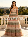 V Neck Layered Brown Green Tulle A Line Prom Dress
