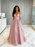 Off The Shoulder Pink Tulle Sparkle A Line Prom Dress