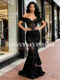 Off The Shoulder Black Beading Ruffles Mermaid Prom Dress