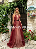 Halter Burgundy A Line Tulle Backless Prom Dress