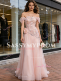 Off The Shoulder Pink Tulle Flowers A Line Wedding Dress