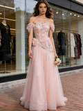 Off The Shoulder Pink Tulle Flowers A Line Wedding Dress
