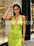 Strapless Tassel Green Halter Prom Dress With Slit