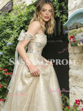 Champagne Tulle Off The Shoulder Tie Straps A Line Prom Dress