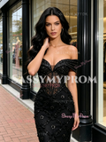 Off The Shoulder Black Beading Ruffles Mermaid Prom Dress