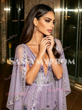 V Neck Cape Trumpet Mermaid Purple Colorful Beading Prom Dress
