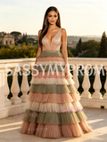 V Neck Layered Brown Green Tulle A Line Prom Dress