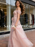 Off The Shoulder Pink Tulle Flowers A Line Wedding Dress
