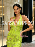 Strapless Tassel Green Halter Prom Dress With Slit