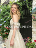 Champagne Tulle Off The Shoulder Tie Straps A Line Prom Dress
