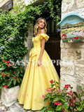 Yellow Off The Shoulder Satin Ruffles A Line Prom Dress