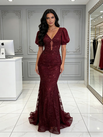 V Neck Lace Cut Out Burgundy Trumpet Mermaid Prom Dress