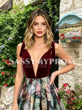 V Neck Velvet Print Tie Straps A Line Prom Dress