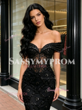 Off The Shoulder Black Beading Ruffles Mermaid Prom Dress