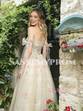Champagne Tulle Off The Shoulder Tie Straps A Line Prom Dress