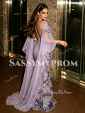 V Neck Cape Trumpet Mermaid Purple Colorful Beading Prom Dress
