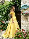 Yellow Off The Shoulder Satin Ruffles A Line Prom Dress