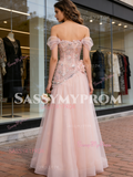Off The Shoulder Pink Tulle Flowers A Line Wedding Dress