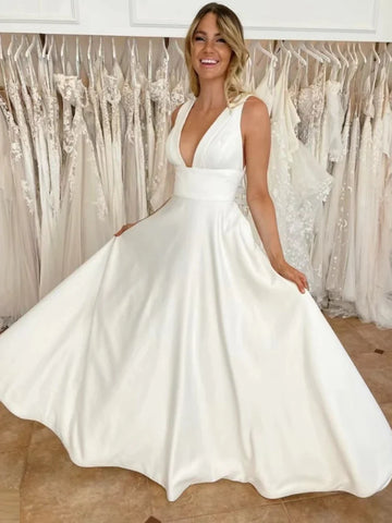 2023 White Satin Long A Line V Neck Wedding Dress With Pockets Sassymyprom 2023 White Satin Long A Line V Neck Wedding Dress With Pockets Sassymyprom