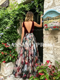 V Neck Velvet Print Tie Straps A Line Prom Dress