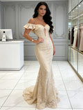 Off The Shoulder Lace Sheer Champgne Trumpet Mermaid Prom Dress
