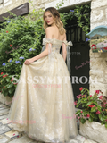 Champagne Tulle Off The Shoulder Tie Straps A Line Prom Dress