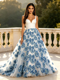 V Neck White Satin Tulle 3D Rose Prom Dress