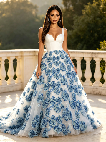 V Neck White Satin Tulle 3D Rose Prom Dress