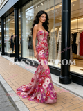 Fuchisa Sweetheart Trumpet Mermaid Floral Tulle Prom Dress