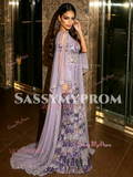 V Neck Cape Trumpet Mermaid Purple Colorful Beading Prom Dress