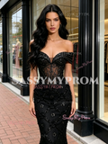Off The Shoulder Black Beading Ruffles Mermaid Prom Dress