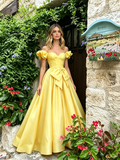 Yellow Off The Shoulder Satin Ruffles A Line Prom Dress