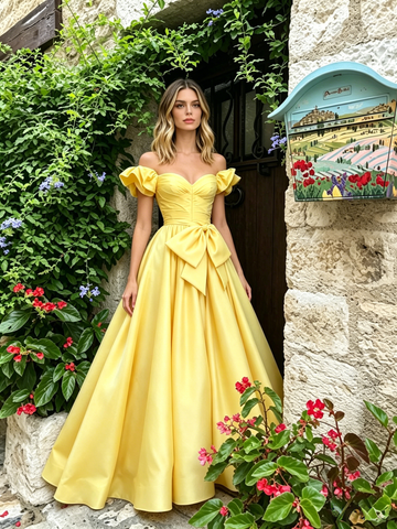 Yellow Off The Shoulder Satin Ruffles A Line Prom Dress