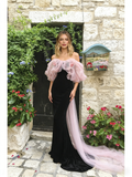 Off The Shoulder Trumpet Mermaid Ruffles Tulle Velvet Prom Dress