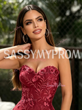 Burgundy Sweetheart Lace A-Line Tulle Prom Dress