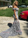 Gray Off The Shouler Feather Trumpet Mermaid Appliques Prom Dress