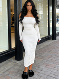 Maxi Long Sleeve Ruched Fitted Off The Shoulder Bodycon Dress