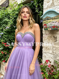 Lilac Beading Sweetheart A Line Tulle Prom Dress